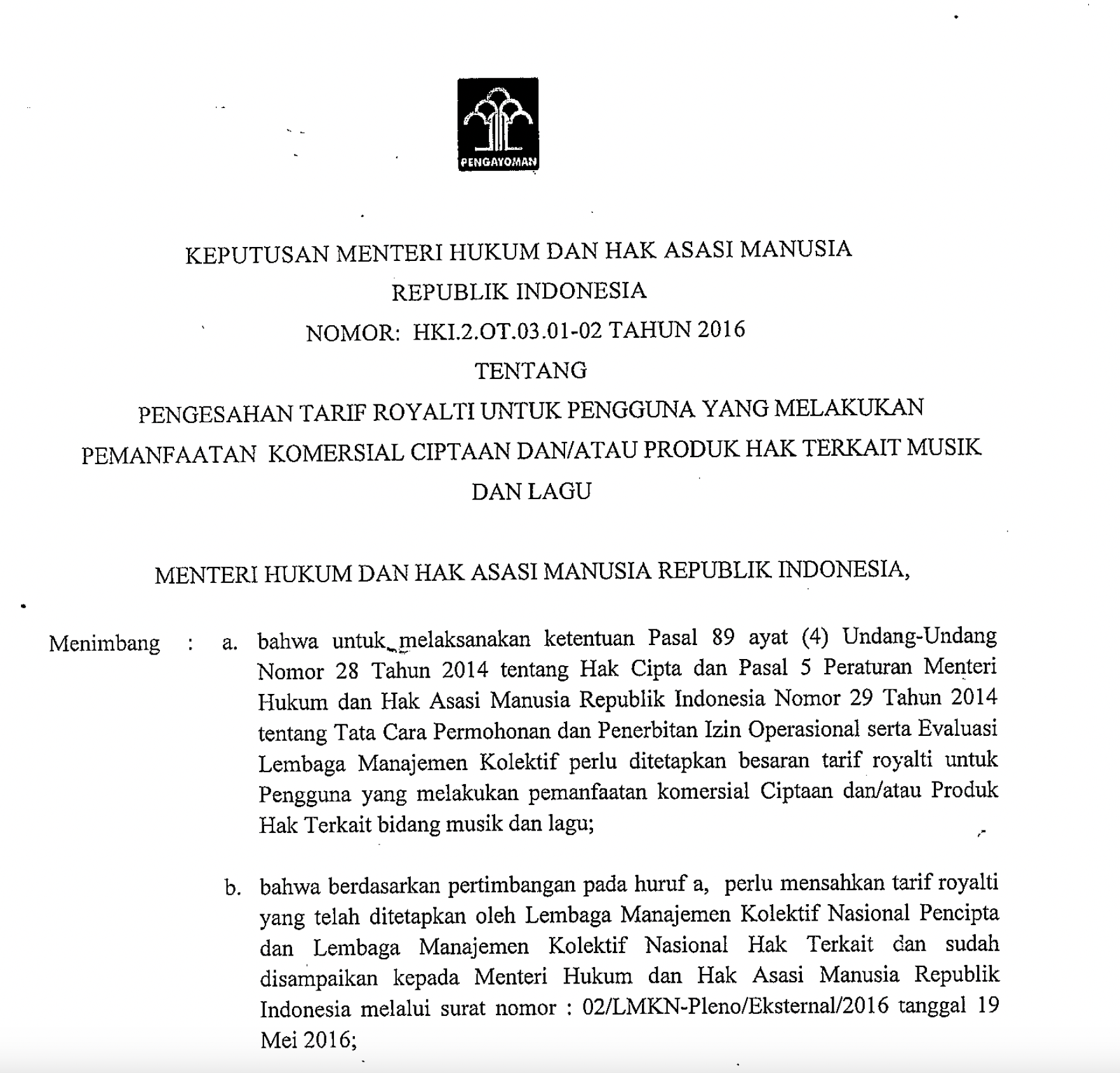  Thumbnail KEPUTUSAN MENTERI HUKUM DAN HAM TENTANG TARIF ROYALTI KOMERSIAL CIPTAAN &/ PRODUK HAK TERKAIT MUSIK & LAGU 2016